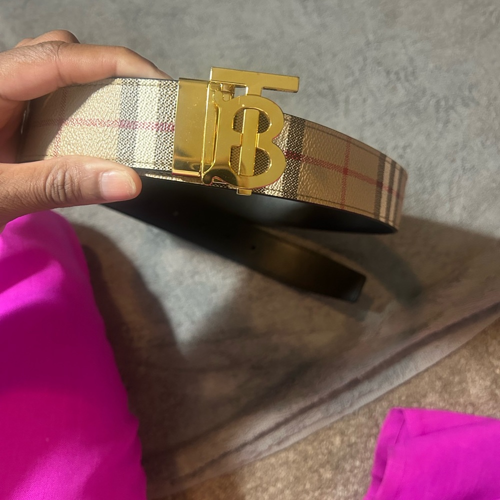 Burberry Beige Check Belt with Gold Monogram Buckle
